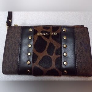 Michael Kors Adele Studded Animal Print Double Zip Wristlet Wallet